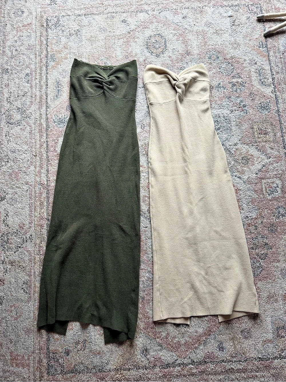 Ruched Neck Tank Tops in Green & Beige Like New